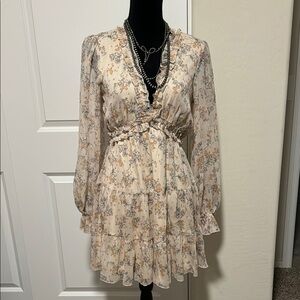 Cream Ruffled Tiered Long Sleeve A-line Dress with V-neck